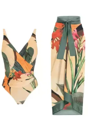 Printed Padded Monokini with a Sarong
