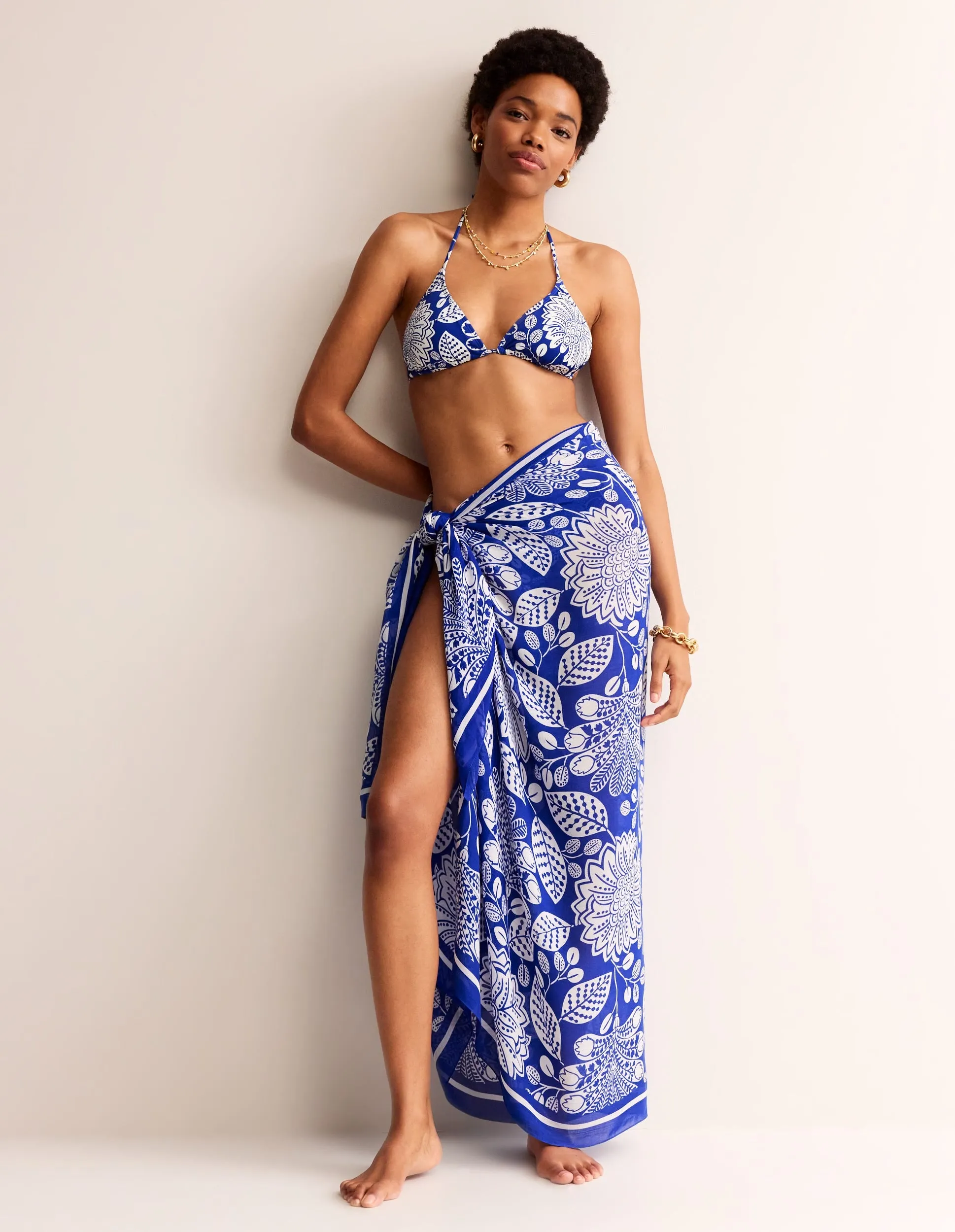 Printed Sarong Scarf-Bright Blue, Gardenia Swirl