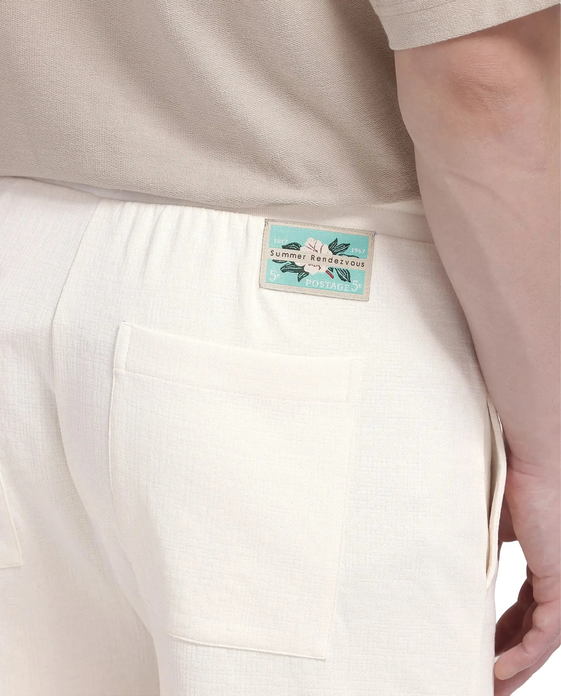 Rare Rabbit Men Kelor Off White  Cotton Elastane Fabric Drawstring Closure Back Label Plain Shorts