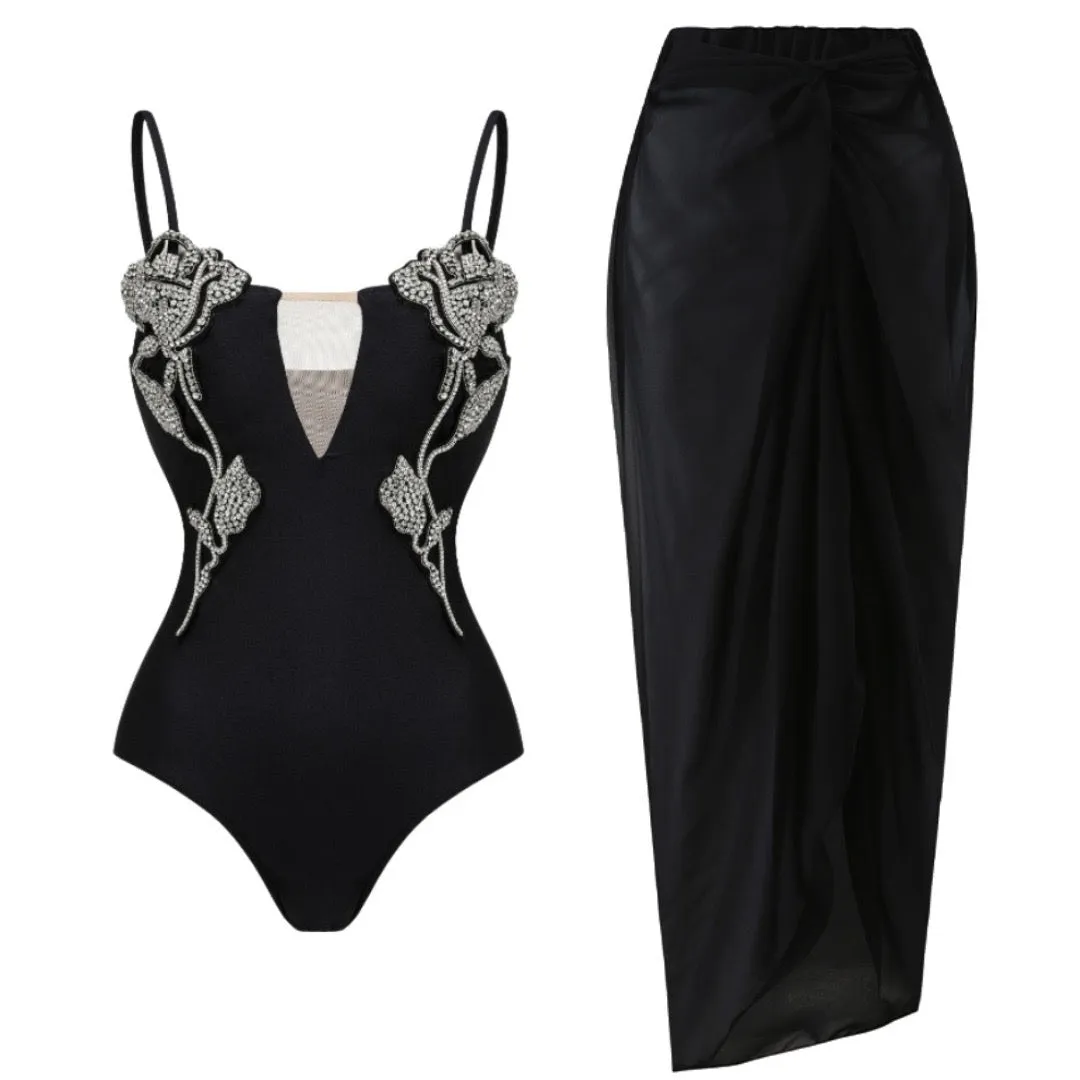 Rose Embellished Monokini With Skirt Set