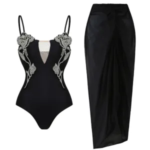 Rose Embellished Monokini With Skirt Set