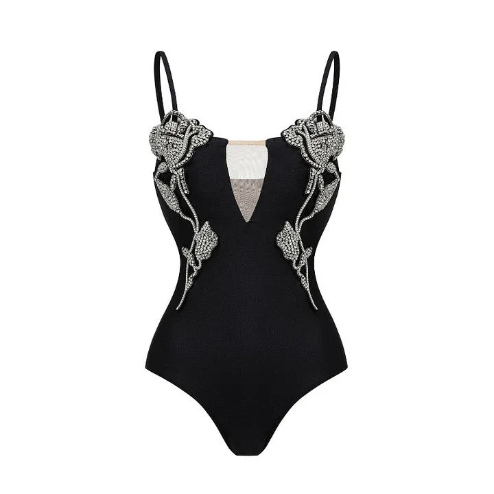 Rose Embellished Monokini With Skirt Set