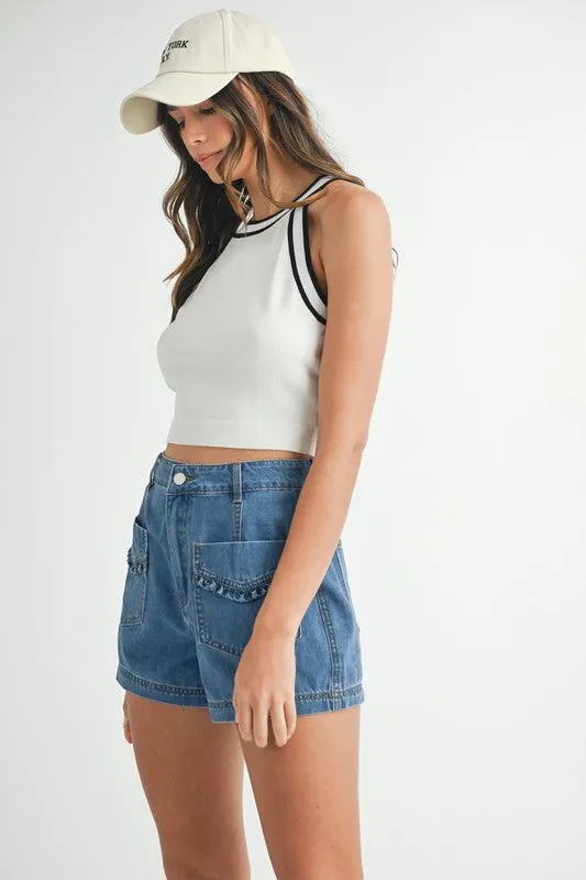 RUFFLE POCKET  DENIM SHORTS