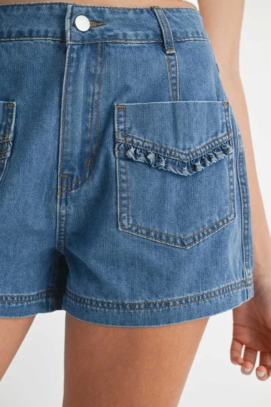 RUFFLE POCKET  DENIM SHORTS