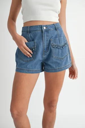 RUFFLE POCKET  DENIM SHORTS