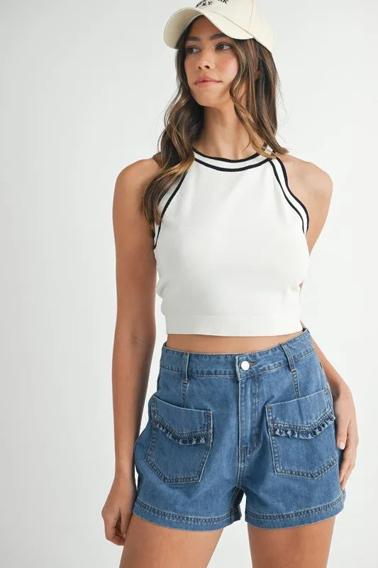 RUFFLE POCKET  DENIM SHORTS