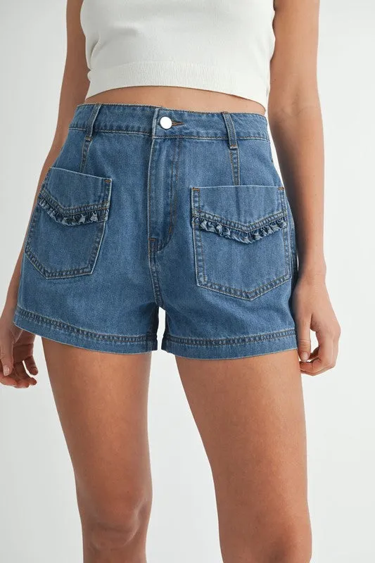 RUFFLE POCKET  DENIM SHORTS