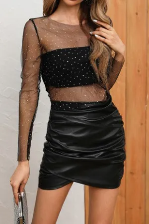 Shirt- Coverup- Rhinestone Mesh Long Sleeve Top