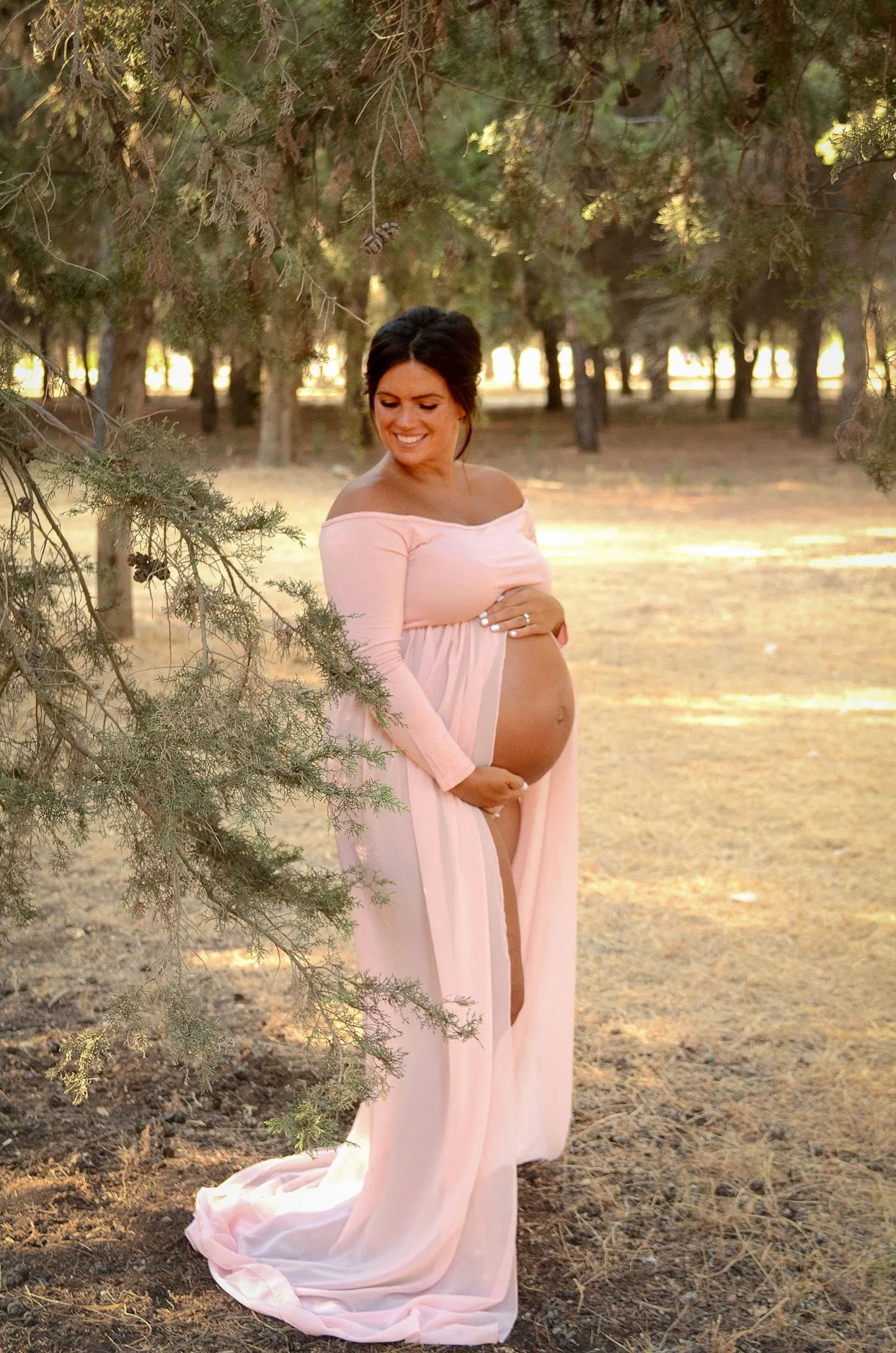 Smooth Long Sleeve and Chiffon Dress - Open Belly