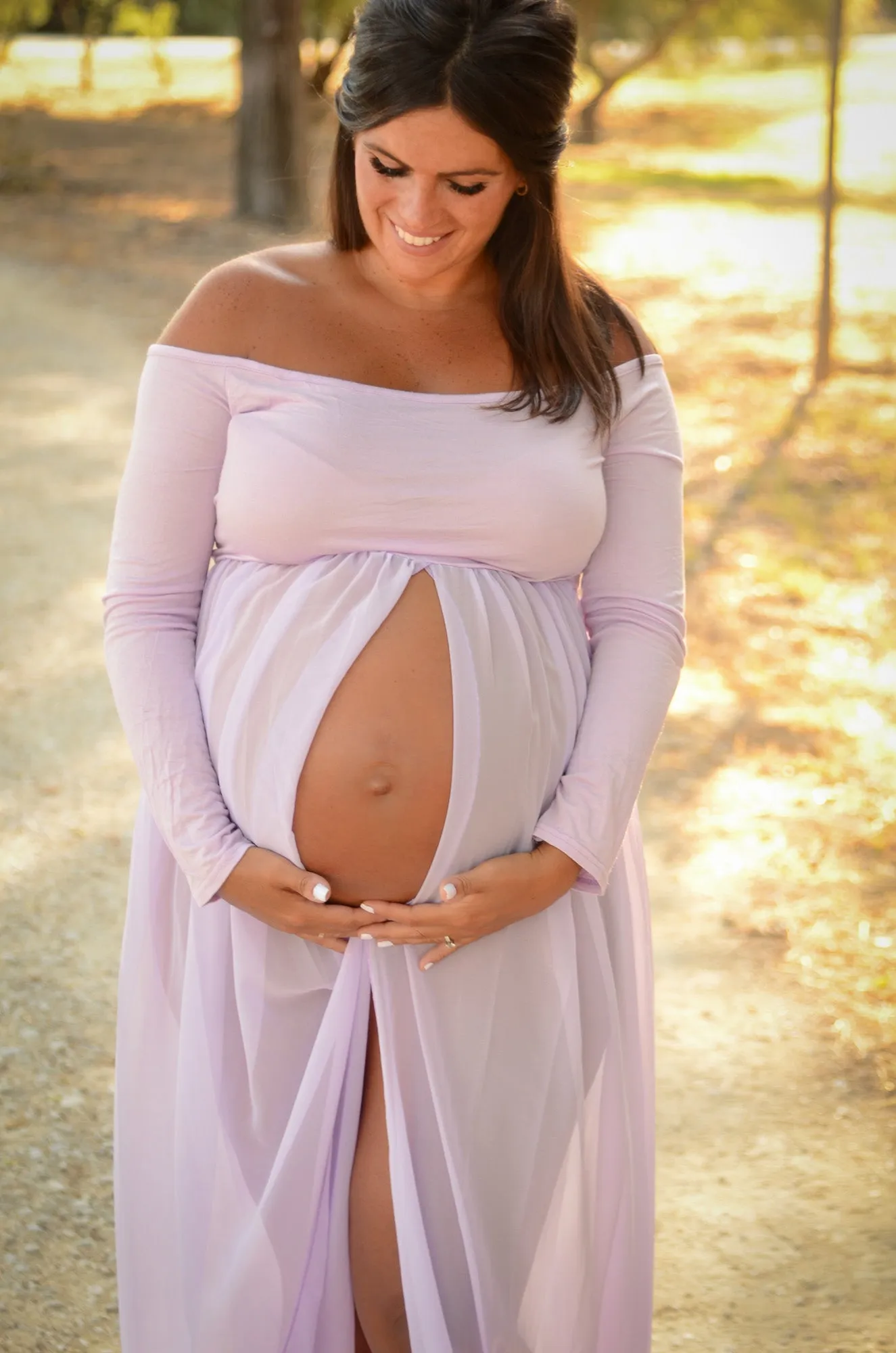 Smooth Long Sleeve and Chiffon Dress - Open Belly