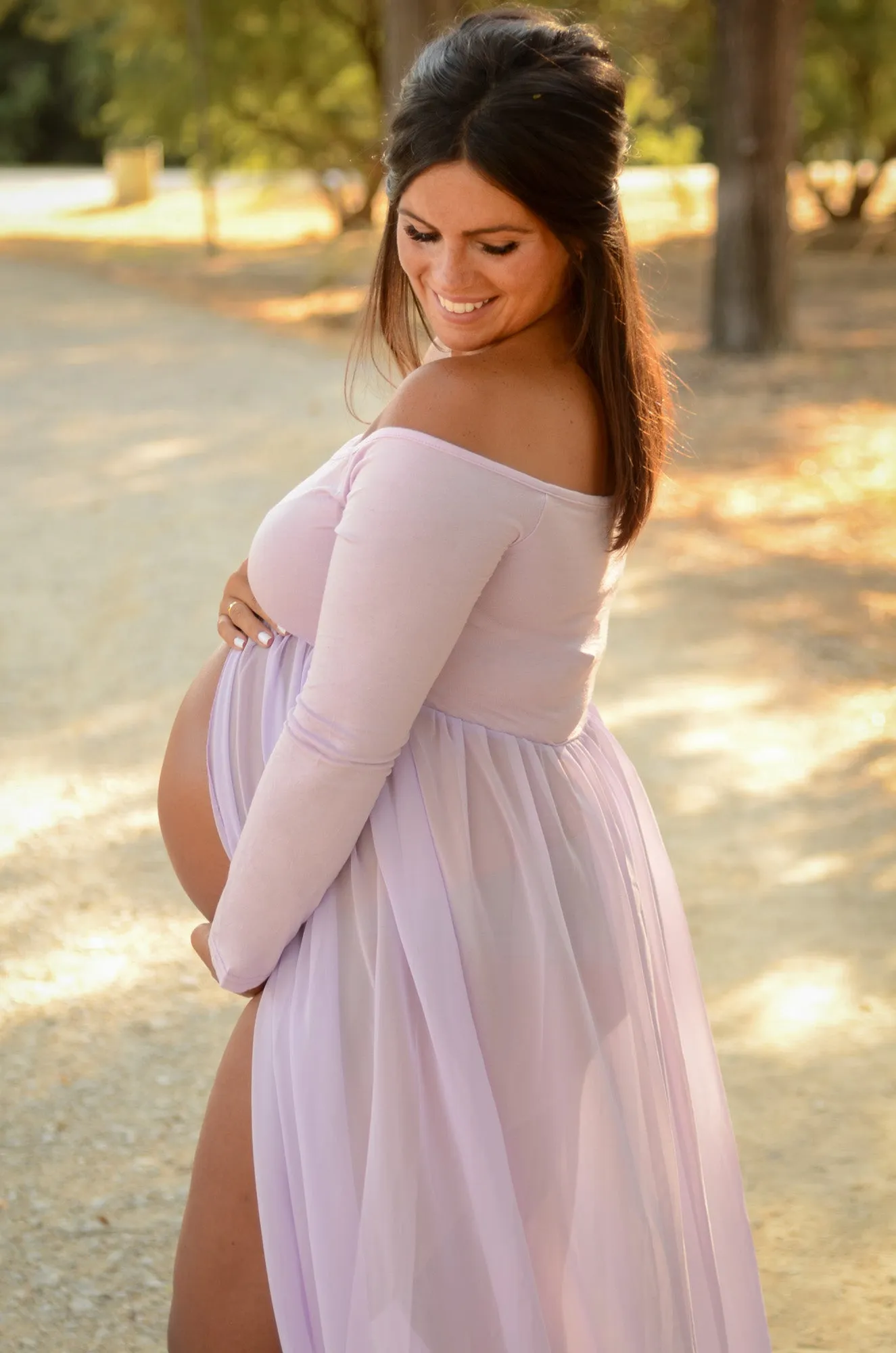Smooth Long Sleeve and Chiffon Dress - Open Belly