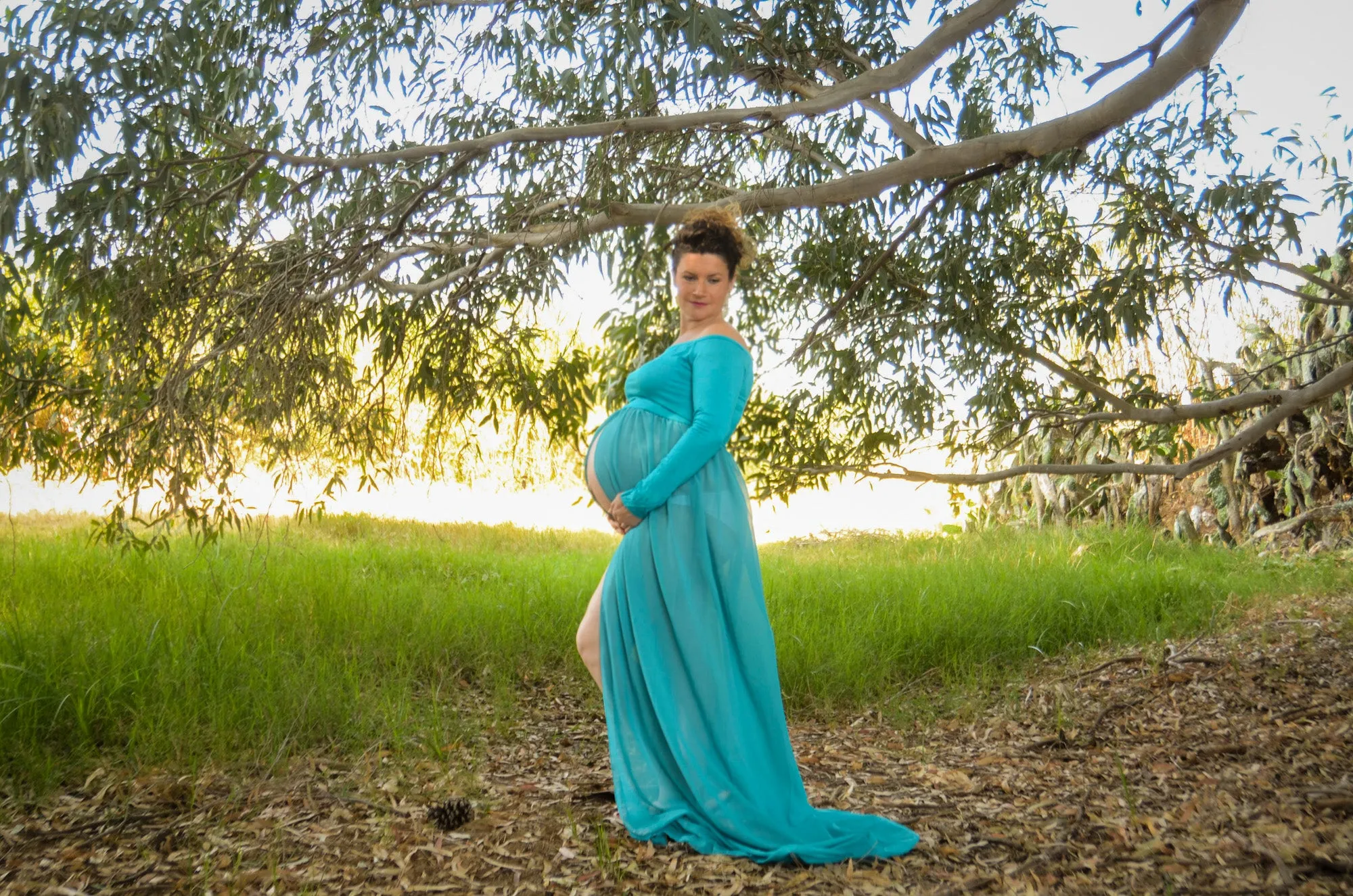 Smooth Long Sleeve and Chiffon Dress - Open Belly