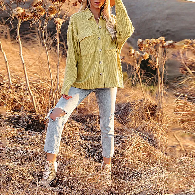 Solid Color Tip-striped Corduroy Shirt