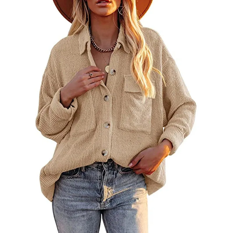 Solid Color Tip-striped Corduroy Shirt