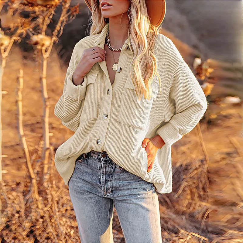 Solid Color Tip-striped Corduroy Shirt