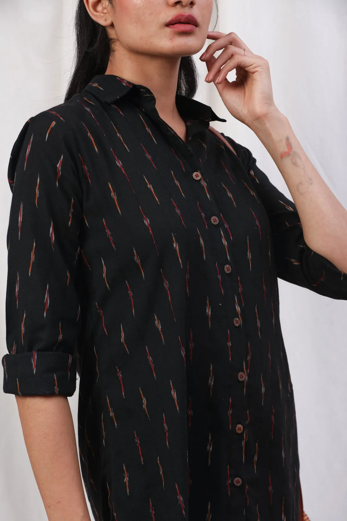 Tyra Black Handloom Ikat Long Shirt