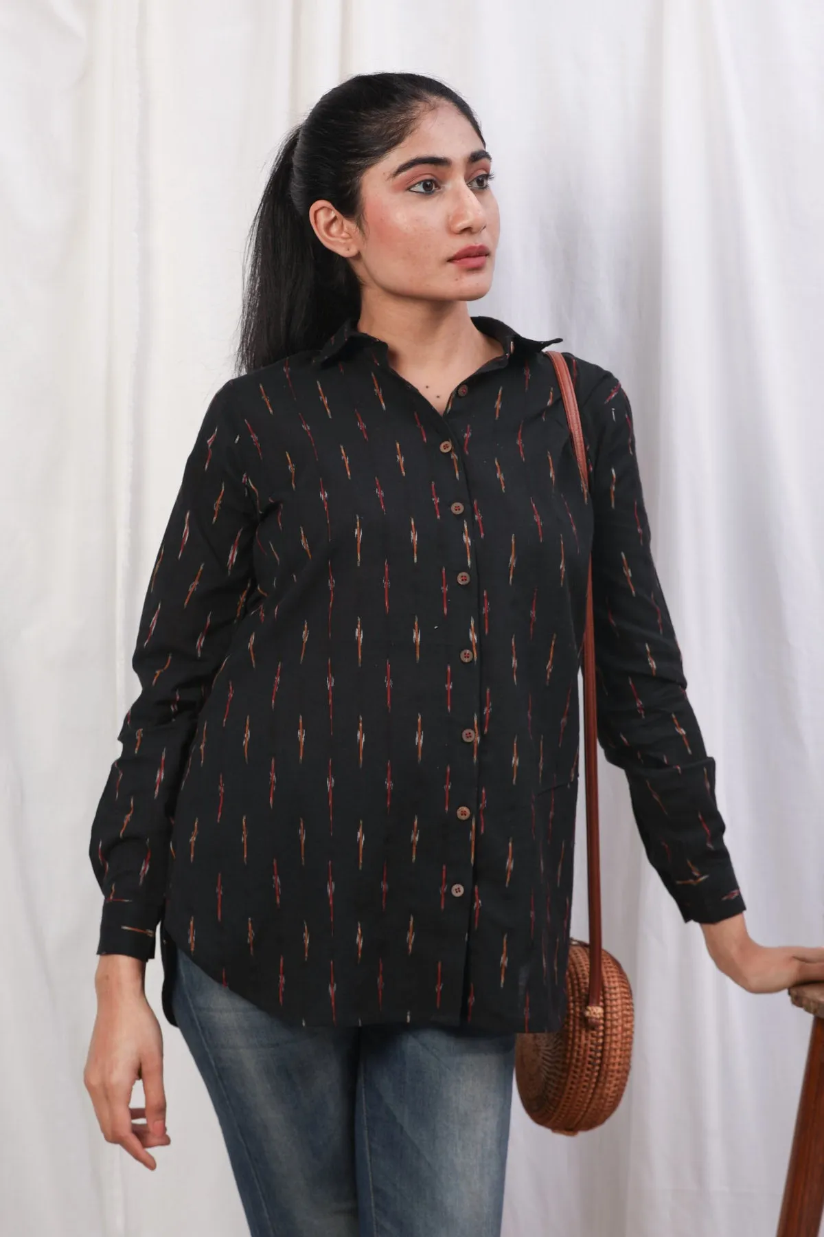 Tyra Black Handloom Ikat Long Shirt