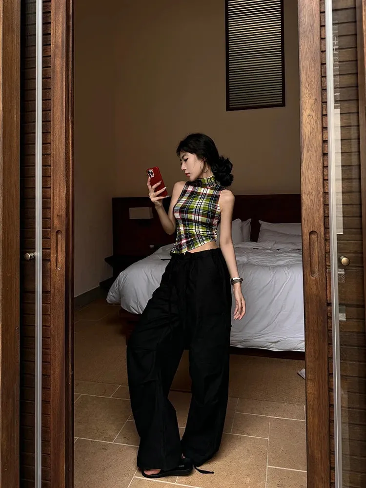 Vintage Plaid Sleeveless Crop Top - American Retro Grunge Y2K Tank