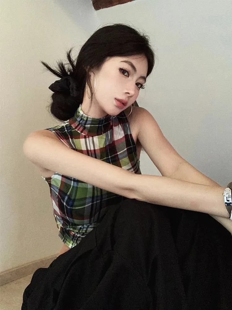 Vintage Plaid Sleeveless Crop Top - American Retro Grunge Y2K Tank