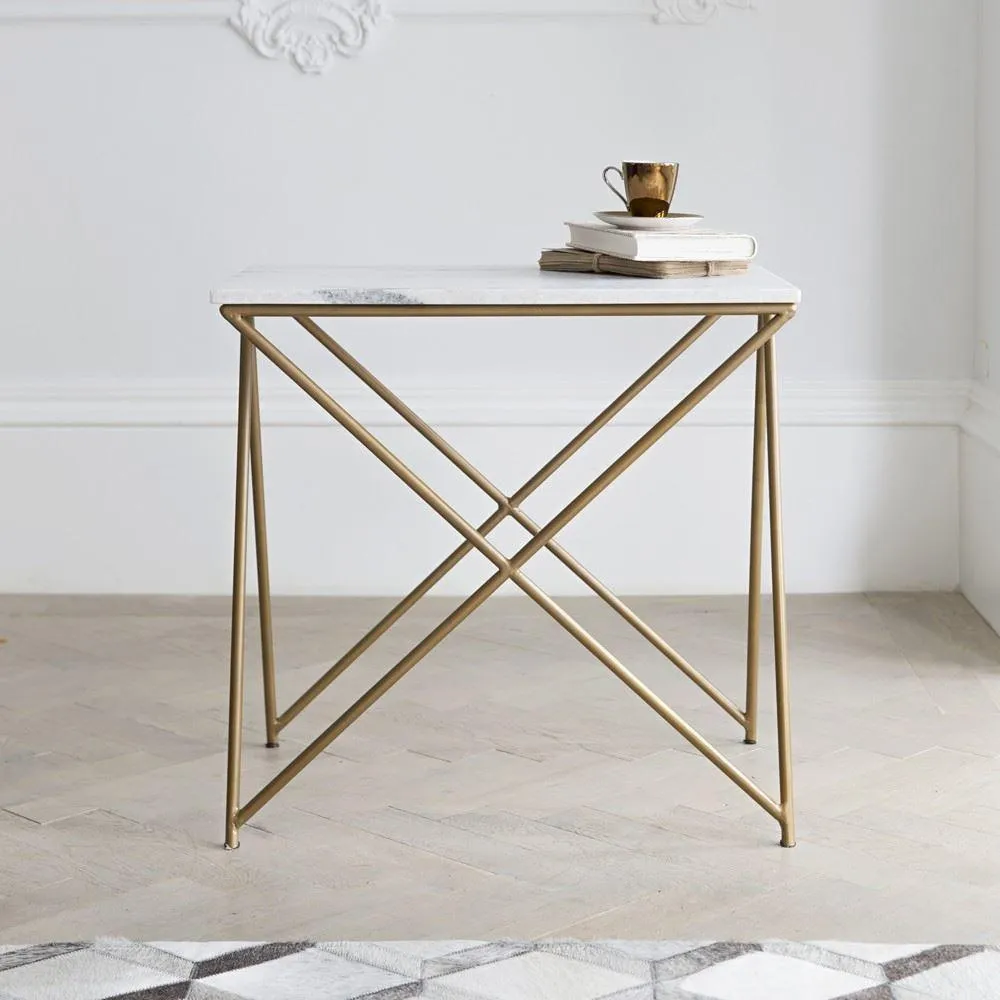 White Marble Tabletop & Metal Wood Side Table For Living Room And Home