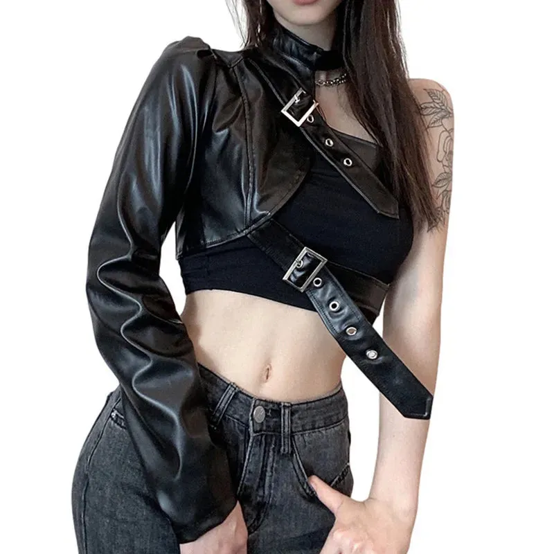 Women Top Punk Style Crop Tops Spring Autumn Clothes Long Sleeve Leather Belt Tees Female Clothing Sexy Club y2k Streetwear
