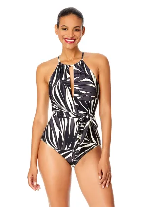 Women's Palm Chic High Neck Plunge One Piece Swimsuit