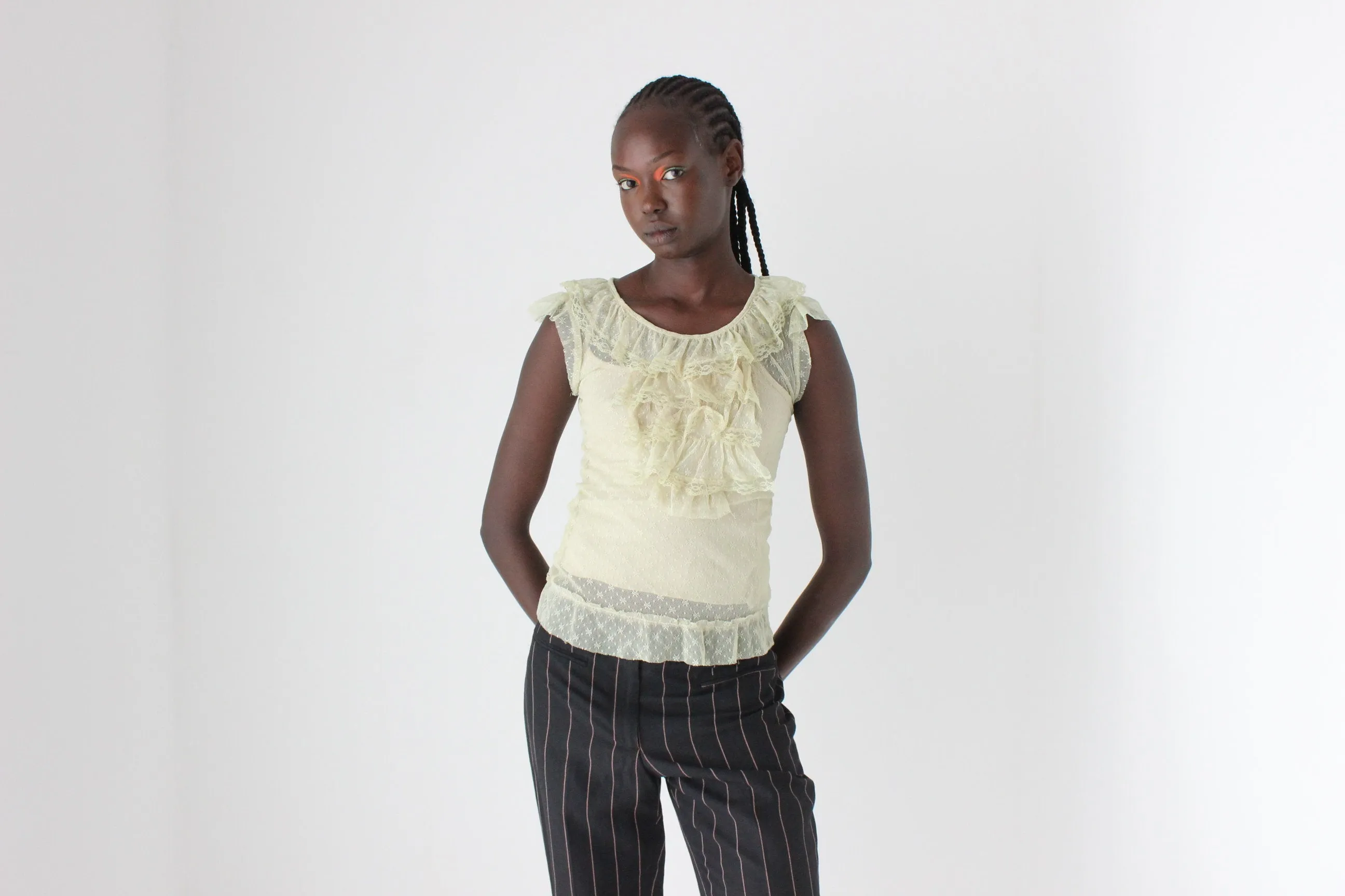 Y2K Whimsigoth Ruffle Lace Mesh Top