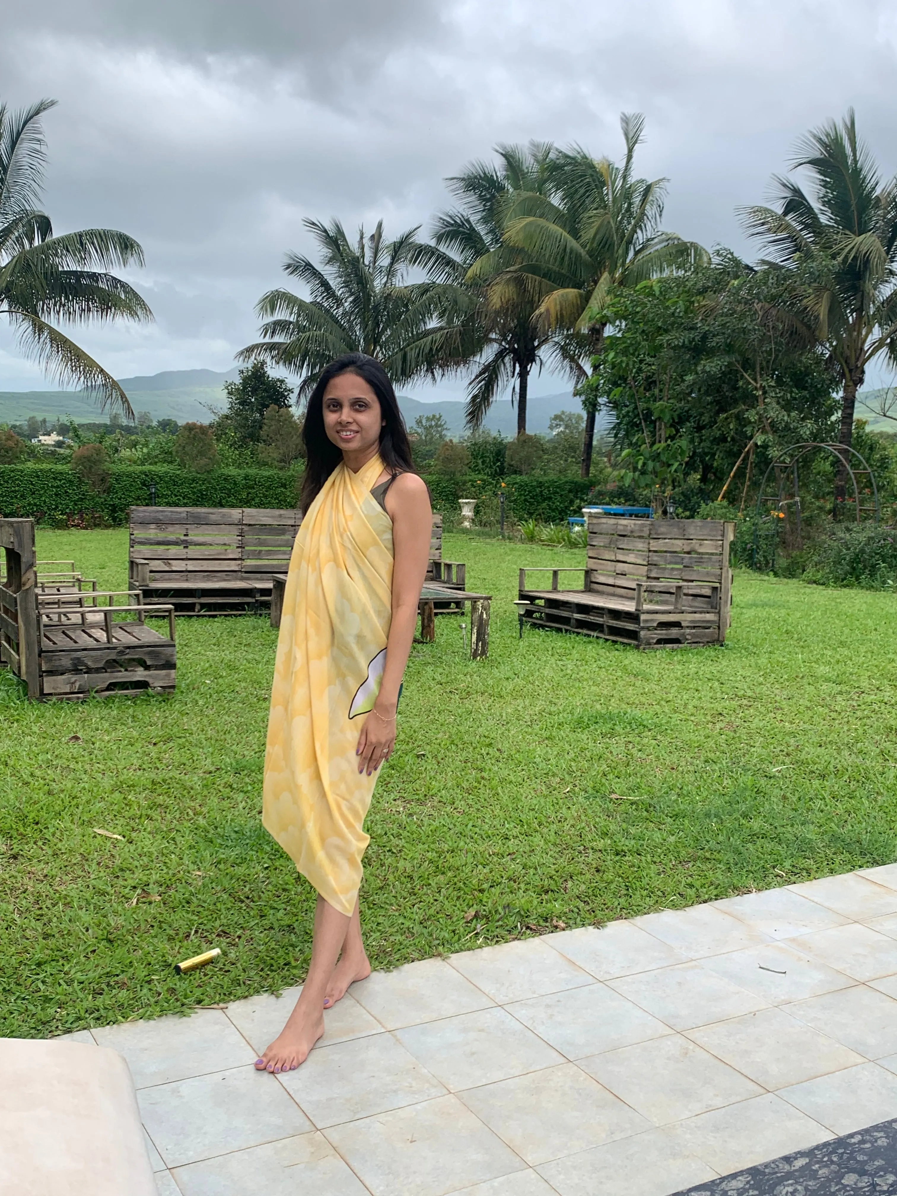 Yellow Bird Print Cotton Sarong